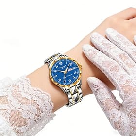 Luxuriöse Damenuhr, zweifarbiges Edelstahlgehäuse, blaues Zifferblatt, Datums- und Wochentagsanzeige, wasserdichte, elegante Damenuhr für Business und Freizeit