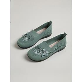Women's Green Embroidered Knit Wide-fit Flats – Breathable Slip-On Comfort Shoes, Lightweight Casual Walking Shoes for Daily Wear  Travel