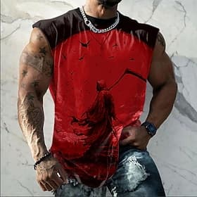 Men's Scythe Blood Red Moon Bats Gothic Dark Horror Rock Metal Sleeveless Shirt Tank Top All Over Print Muscle Fit Crew Neck Party Gym Streetwear Designer Clot