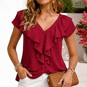 Women's Shirt Summer Shirt Casual Shirt Chiffon Tops Ruffle Buttons Solid Color Plain Elegant Vintage Fashion Short Sleeve V Neck Regular Tops Daily Holiday Go