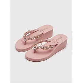 Women's Pink Rhinestone-Embellished Wedge Flip-Flops - Stylish Beach Sandals for Summer and Casual Wear