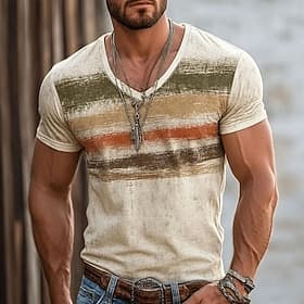 Homme Bloc de Couleur Ligne T-shirt Manche Courte T-shirt Impression 3D Col en V Chemise Vacances Rétro Vintage Occasionnel Quotidien Rue Bleu Noir Marron Prin