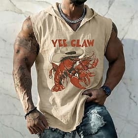 Men's Yee Claw Lobster Crawfish Cowboy Western Boho Vintage Sleeveless Hooded Vest Graphic Cotton Linen Frayed Raw Hem Loose Fit Summer Casual Designer Clothin