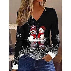 Christmas Women's T Shirt Graphic Vintage Stylish Classic Long Sleeve V Neck Regular Tops Daily Print Gray / Red BlackWhiteRed Black Wine Red Spring Fall Winte