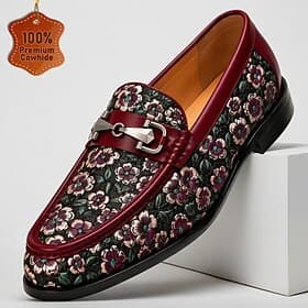 Men's Burgundy Floral Jacquard Loafers Metal Bit Slip-On Dress Shoes Elegant Statement Footwear for Wedding Guests, Banquets, Parties, Receptions and Evening E