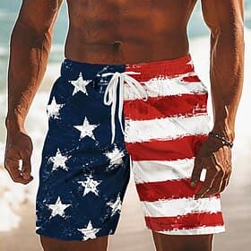 Men's 4th of July U.S. 250th Anniversary American Flag Swim Trunks Bathing Suits Swim Shorts Board Shorts Mid Waist Patriotic Holiday Side Pockets Mesh Lining