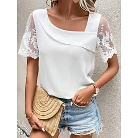 Femmes Chemise Chemisier Hauts en dentelle Dentelle Uni Élégant Classique Moderne Manche Courte Asymétrique Hauts Réguliers Quotidien Fête Sortir Blanche Été P