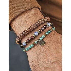 Herren-Armbandset im Boho-Stil mit Kokosnussschalen, Türkis und Holzperlen, 3-teiliges, dehnbares und stapelbares Armbandset für Strandurlaub, lässige Sommerou