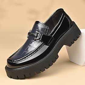 Men's Black Patent Leather-Style Penny Loafers with Chunky Lug Sole, Fashion Dress Shoes for Men, Ideal for Office, Parties, Smart Casual Outfits and Formal Oc