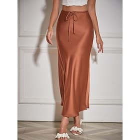 Women's Satin Skirts Elegant Fashion Maxi High Waist Skirts Plain Drawstring Micro-elastic Party Date Black Navy Blue Light Brown Brown Summer