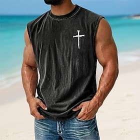 Men's Cross Vest Top Acid Washed T Shirt Undershirt Sleeveless T shirt Graphic Print Crew Neck Shirt Vacation Tropical Fashion Daily Vacation Beaches Black Bro