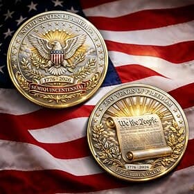 U.S. 250th Anniversary Commemorative Coin, Patriotic Collectible Challenge Coin with Eagle  We the People Scroll Design, Durable Metal Souvenir for Display, 17