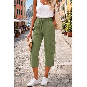 Women's Cotton Capri Pants Cargo Pants Slacks Vacation Streetwear Basic Calf-Length Natural Plain Pocket Elastic Drawstring Design Comfy Comfort Outdoor Inelas