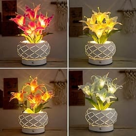 USB Rechargeable 3-Color Touch Dimmable Lily Metal Hollow Flower Pot Night Light, Table Lamp for Bedroom, Living Room, Dining Room, Mood Lighting, Gift for Mot