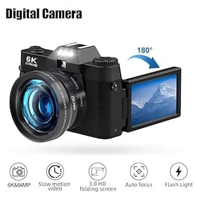 6K Digital Camera for Photography and Video, 64MP Vlogging Camera with Autofocus, 180° Flip Screen, Flash, Slow Motion, Wide Angle  Macro Lens, Compact Camera