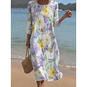 Femmes Robe Midi Robe d'Été Robe d'été Vacances Occasionnel Boho Plage Fête Coupe régulière Fleuri Graphique Manche 3/4 Col ras du cou Bleu Rose Claire Violet thumbnail 2