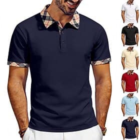 Men's Polo Shirts Casual Business Lapel Short Sleeve Basic Modern Plaid Lightweight Buttons Summer Spring Regular Fit Blue Black White Red Navy Blue Apricot Po