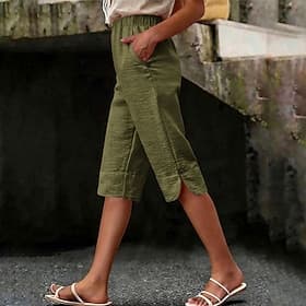 Femmes Pantalon capri Vacances Basique Longueur mollet Taille haute Confortable Non Elastique Tenue quotidienne Rouge bordeaux Gris Vert Véronèse Marron Été Pr
