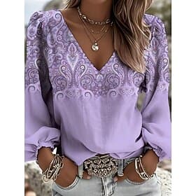 Dames Overhemd Boho-shirt Afdrukken Bloemig Grafisch Paisley Elegant Bohemen Vakantie Lange mouw V-hals Lange tops Casual Dagelijks Feestdagen Lichtgroen Licht