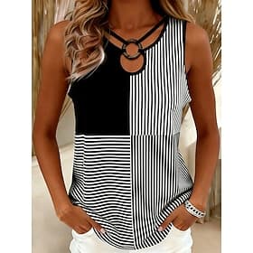 Damen-Tunika-Tanktop mit Schlüssellochausschnitt, geometrischem Streifenmuster, ärmellos, asymmetrisch, für Freizeit und Alltag, schwarz, Sommer/Frühling