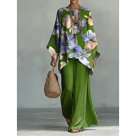 Femmes Chemise Ensembles en coton et lin Ensembles de Pantalons manche longue Manche cloche Col rond Fleuri Graphique Imprimé Vacances Mode Streetwear Occasion