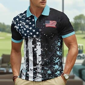 4th of July 2026 250th Men's American US Flag Polo Shirts Short Sleeve Polo Shirts Collared Shirts Casual Athleisure Buttons Spring  Summer Blue
