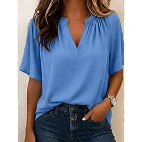 Women's Shirt Blouse Chiffon Tops Stylish Basic Short Sleeve V Neck Regular Tops Casual Blue White Pattern Wine Green Beige Summer