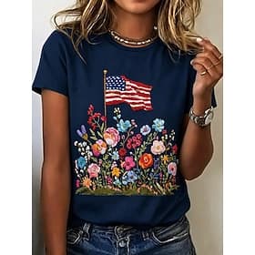 American Independence Day Women's T Shirt Print Graphic Flag Letter Vintage Fashion Stylish Short Sleeve Crew Neck Regular Tops Casual Daily Weekend White Navy