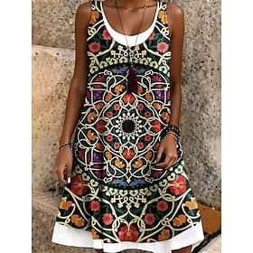 Damen Knielanges Kleid Sommerkleid T-Shirt-Kleid A Linie Kleid Urlaub Lässig Boho Normale Passform Grafik Geometrisch Ärmellos U-Ausschnitt Schwarz Rote Sommer