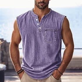 SoftFade™ Men's Tank Top Vest Top Demin Shirt Acid Wash Shirt Sleeveless Henley Summer Spring Plain Basic Faded Vintage Washed Casual Vacation Street Purple To