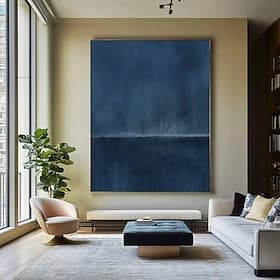 Handgemaltes Ölgemälde auf Leinwand, moderne minimalistische, abstrakte Wanddekoration in Blau und Grün, gerollt, rahmenlos, ungespannt.