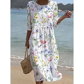 Women's Midi Dress Linen-feel Dresses Sundress Summer Dress Vacation Casual Boho Holiday Loose Fit Floral Graphic Half Sleeve Crew Neck Blue White Yellow Pink
