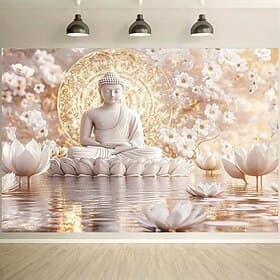 Zen Boeddha mediterend beeld, witte lotusbloem, kersenbloesems, gouden mandala, waterreflectie, spirituele vrede, wandtapijt, wanddecoratie, achtergrond voor m