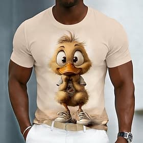 Men's Cute 3D Animated Duckling Wearing Sneakers Graphic T Shirt Funny Character Short Sleeve Crew Neck Cream Beige Casual Streetwear Tee Designer Clothing App