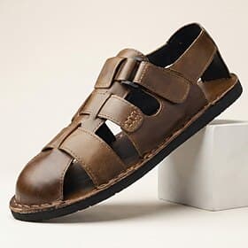 Men's Brown Closed-Toe Fisherman Sandals Leather Cutout Casual Shoes Lightweight Comfort Summer Footwear for Men, Ideal for Travel, Daily Wear, Outdoor Walking