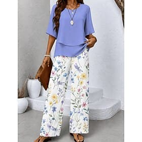 Women's Pants Sets Half Sleeve Butterfly Sleeve Round Neck Floral Graphic Elegant Vacation Casual Daily Beach Blue Pink Purple Spring  Summer Loose Fit