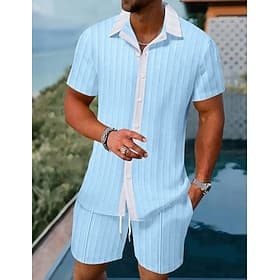 Men's 2 Piece Shirt Set Summer Set And Shorts Set Contrast Color Casual Daily Beach Turndown Short Sleeve Summer Spring Fashion Casual Comfortable Clothing App