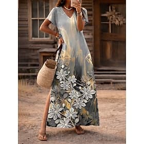 Women's Maxi long Dress A Line Dress Casual Beach Loose Fit Floral Graphic Abstract Short Sleeve V Neck Blue Red Khaki Summer Spring