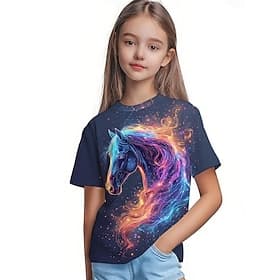 Kentucky Derby Girls' 3D Graphic Horse T shirt Tee Short Sleeve 3D Print Summer Spring Sports Fashion Streetwear Kids 4-12 Years Crew Neck Casual Daily Outdoor