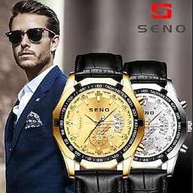 Relógio de luxo Seno para homens - relógio de pulso profissional de quartzo com pulseira de couro Relógio analógico moderno e à prova d'água com data, presente