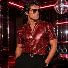 Retro Vintage Disco 1980s T-shirt Polo Shirt Short Sleeves Disco Shiny Metallic Metallic Checkered Fancy Dress Men's Carnival Party Bar Adults' Shirt Spring  S