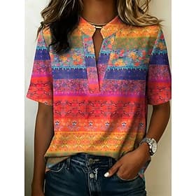 Women's Blouse Buttons Print Graphic Geometric Vintage Stylish Modern Half Sleeve Stand Collar Regular Tops Casual Daily Blue Yellow Purple Orange Summer Sprin