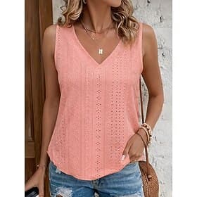 Women's Tank Top Eyelet Plain Fashion Stylish Classic Sleeveless V Neck Regular Tops Daily Going out Weekend Blue Black White Pink Orange Summer Spring