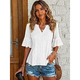 Women's Blouse Eyelet Solid Color Stylish Basic Casual 3/4 Length Sleeve V Neck Long Tops Casual Daily Blue White Pink Dusty Rose Purple Summer Spring Fall