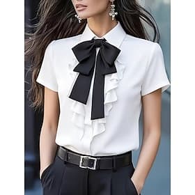 Women's Shirt Blouse Ruffle Shirt Ruffle Bow Solid Color Stylish Basic Classic Short Sleeve Shirt Collar Regular Tops Daily Holiday Going out Black White Yello
