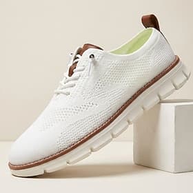 Men's White Knit Lace-Up Sneakers, Lightweight Breathable Casual Shoes, Comfortable Outdoor Resort Footwear, Ideal for Travel, Walking and Summer Activities