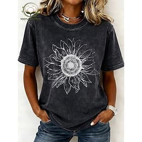 Damen T Shirt Druck Säurewäsche Vintage-Waschung Grafik Pflanzen Buchstabe Stilvoll Basic Klassisch Kurzarm Rundhalsausschnitt Normale Oberteile Lässig Täglich