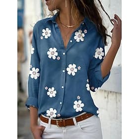 Mujer Camisa Blusa Retazos Botones Floral Elegante Clásico Moderno Manga Larga Cuello Camisero Tops regulares Diario Festivos Noche Azul Piscina Rosa Verde Tré