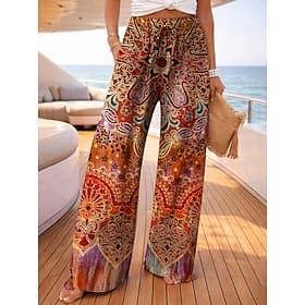 Women's Wide Leg Pants Trousers Vacation Fashion Streetwear Full Length Mid Waist Floral Graphic Pocket Elastic Waist Print Comfy Comfort Breathability Inelast