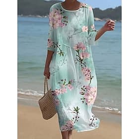 Damen Midikleid Shiftkleid Urlaub Lässig Strand Strand Lässiger Schnitt Blumen Grafik Dreiviertelarm Rundhalsausschnitt Grün Sommer Frühling